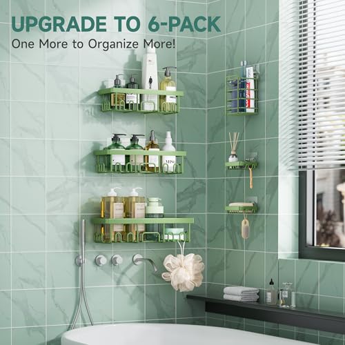 Image of Veken Rustproof & Waterproof Shower Caddy 6-Pack, No Drilling Adhesive Shelves Rack with Soap Holder, Large Capacity Bathroom Organizers and Storage, Wall-Mounted Kitchen & Home Decor, Green
