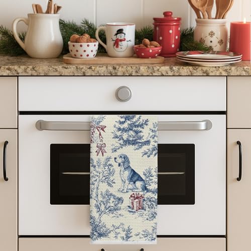 Image of Christmas Chinoiserie Dog Kitchen Towels, Vintage Beagle Dish Tea Towels for Kitchen, Blue French Holiday Decorative Hand Towel for Bathroom, 16x24 Inch