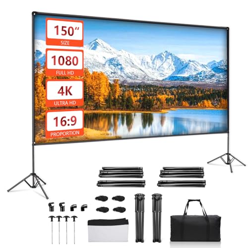 EMART Tragbar Projektor Leinwand 4K HD 16:9 Beamer Leinwand mit Ständer 150 Zoll Indoor Projektion Leicht und Kompakt mit Tragetasche für Theater Heimkino Camping