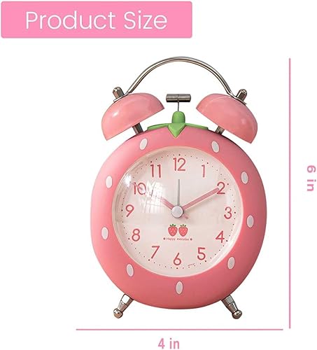 Miniatura 4 de Bonito reloj despertador de fresa de 4 pulgadas para personas que duermen con luz de fondo, reloj despertador de campana doble ruidosa para niños,