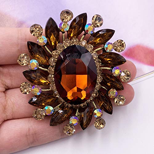 Image of SELOVO Flower Rhinestone Statement Brooch Pin Broach Antique Gold Tone