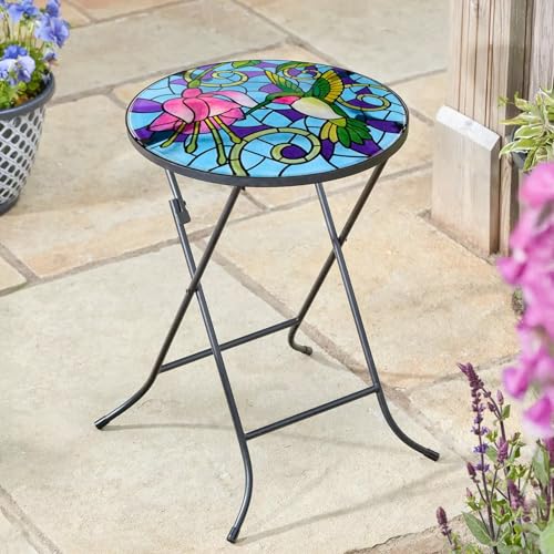 Marco Paul Table d'appoint pliante d'extérieur avec plateau en verre en mosaïque de colibri –...