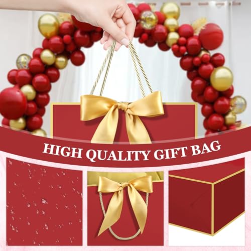 Image of JMANNI 1PCS Gift Bag with Ribbon and 1 Greeting Card 2 Tissue Papers, Portable Paper Gift Bag with Handles, Birthday Present Bags for Wedding Party,Mother's Day 12.6 inch x 9.8 inch x 3.9 inch(red gold)