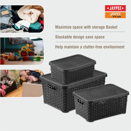 Image of Jaypee Plus Keep all 3 Plastic Storage Basket Organizers With Lid For Kitchen,Fridge, Office Wardrobe, Stationery, Household, Toys & Multipurpose use Pack of 3 Durable Box, Black