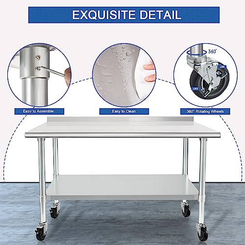 Image of HARDURA Stainless Steel Table 24 x 48 Inches with Wheels Casters NSF Heavy Duty Commercial Prep Table with 2 inch Backsplash and Adjustable Undershelf for Restaurant Kitchen Home and Hotel