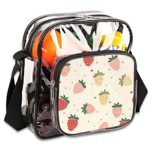 GzLeyigou Clear Crossbody Bag Stadium Approved Strawberries Transparent Bag for Festivals, Sports Events, Concerts,Beach Bag for Women Men Fruits Clear Purse with Front Pocket Messenger Bag