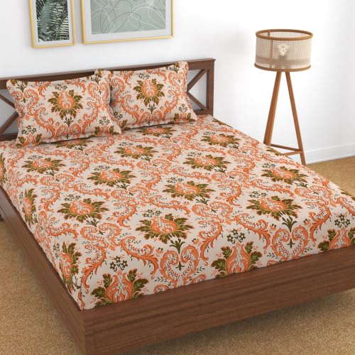 Image of Dahlia Elastic Fitted Glace Cotton California King Size (84x72x Upto 8 Inches) Bedsheet with 2 Pillow Covers-200TC (Matka, Brown Color)