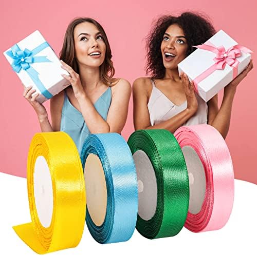 4 Rolls Christmas Decoration Ribbon, 20mm*100 Yard Pink Green Ribbon Double Sided Polyester Fabric Ribbon for Christmas Gift Wrapping Cake DIY Craft Hair Bows Balloon Party Wedding Decoration