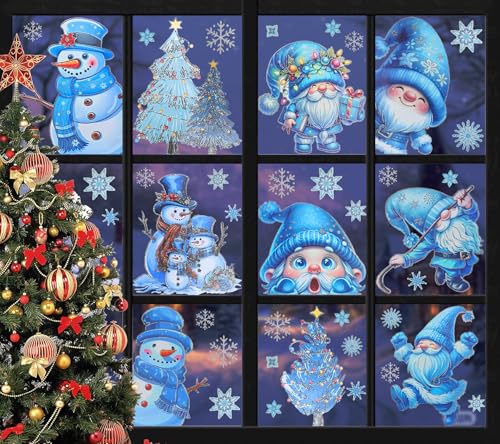 Lot de 9 feuilles d'autocollants pour fenêtre de Noël avec argent brillant - Décoration d'hiver et de Noël - Réutilisables - Décoration de Noël