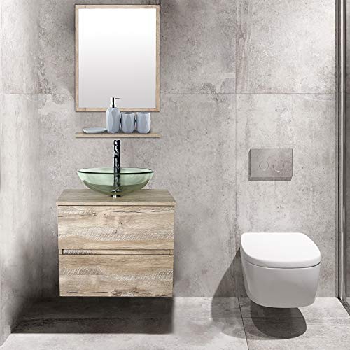 Eclife 24” Bathroom Vanity Sink Combo Wall Mounted Natural Cabinet Two Drawers Vanity Set Round Clear Tempered Glass Vessel Sink Top, W/Chrome Faucet, Pop Up Drain & Mirror (A16E02Ak) #TOP1