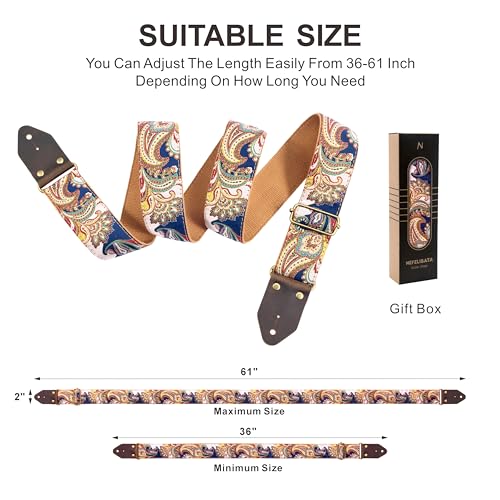 Image of Nefelibata Guitar Strap,Crazy Horse Leather Jacquard Embroidery Cotton Guitar Straps for Bass, Electric & Acoustic, Best Gifts for Guitarists(Golden Silk Dark Blue Flower)