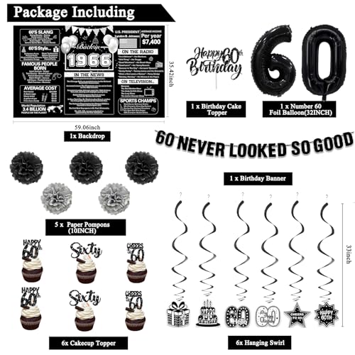 Image of Crenics Black 1966 60th Birthday Decorations for Men Women | Back in 1966 Backdrop, Banner, Paper Pom Poms, Hanging Swirls, Cake Topper and Balloons for 60 Birthday Party Supplies