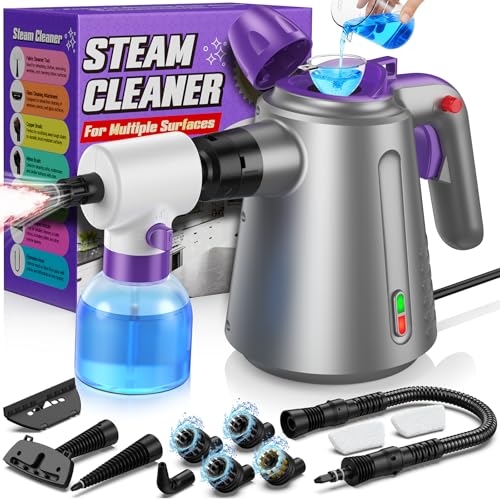 Image of Handheld Steam Cleaner for Home, Pressurized Multi Purpose Steamer for Cleaning Upholstery Bed Furniture Couch Carpet Car with 14 Accessories & Safety Lock, Small Container for Grease