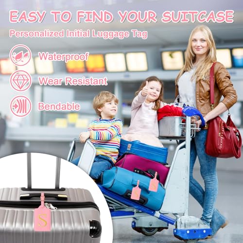 Image of Personalized Initial Luggage Tags for Suitcases, Cute PU Leather Embroidered Letter Travel Luggage Tags, Suitcase Identifier Name Baggage Tag, Bag Tags for Men Women Kids Luggage Handbags(Pink S)