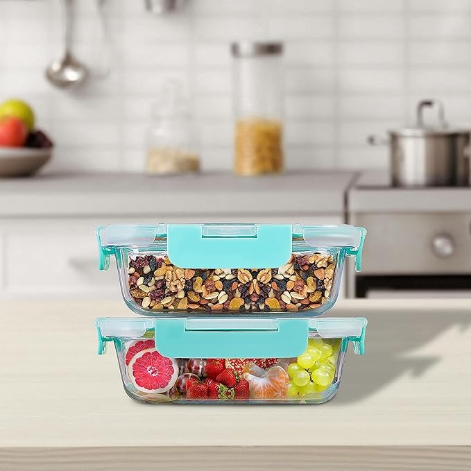 SIMPARTE 1520ml Rectangular Borosilicate Glass Food Storage Containers with Airtight Leak-Proof Blue Lids – Set of 2 | M