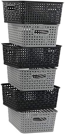 Qqbine Woven Plastic Storage Baskets Office Organizer, Black and Grey, 6 Packs