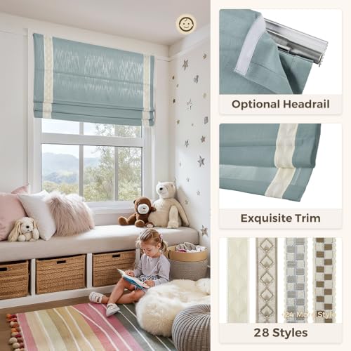 Image of TWOPAGES Isabella No Drill Cordless Roman Shade Linen Textured Cotton Roman Blind for Windows, Custom Made Room Darkening Blackout Roman Window Shade, Hardware Included, Sky Blue, 1 Piece