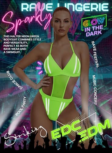 Reflective Rave Outfits for Women - EDC Festival Neon Bodysuit Mesh Lingerie Halter Swimsuit Party Stripe Jumpsuit4
