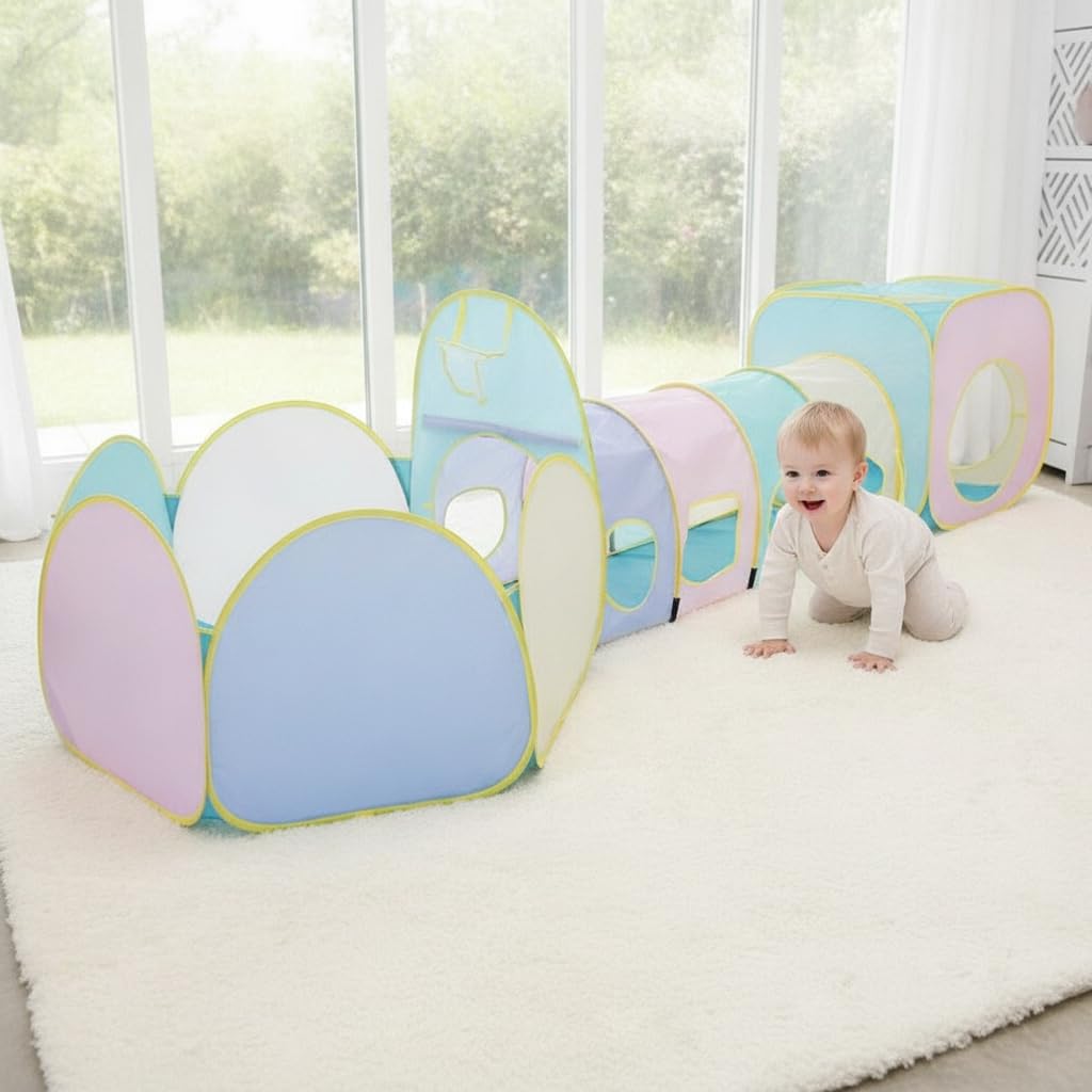 3-in Up Spielzelt Kinder mit Krabbeltunnel – Faltbares Spielhaus für Indoor & Outdoor, Makaron 3-in-1 (Quadrat + Bogen + Bällebad)