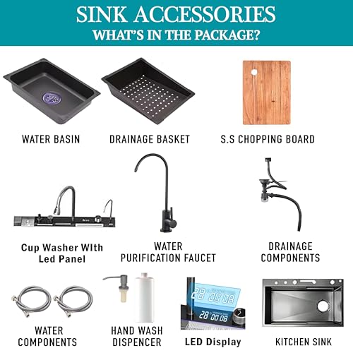 Image of LUXART 5 Switch Piano Stainless Steel Multifunction Kitchen Sink 30x18x10 Inch - LED Digital Display & RO Tap Multifunctional Sink | Honeycomb Design Smart Sink with Waterfall & 360 Pull-Down Faucet