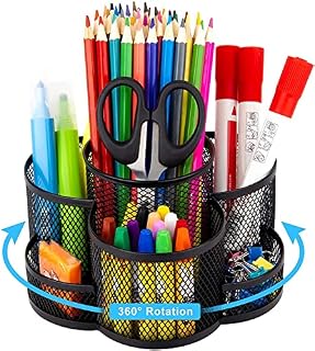 Pecco Pen Holder Desk Organizer, 360° Degree Rotating Desk Mesh Pencil Pot With 7 Compartments, Metal Stationary Organizer, Desk Tidy Large Desktop Supply Caddy Organizer for Office School Art