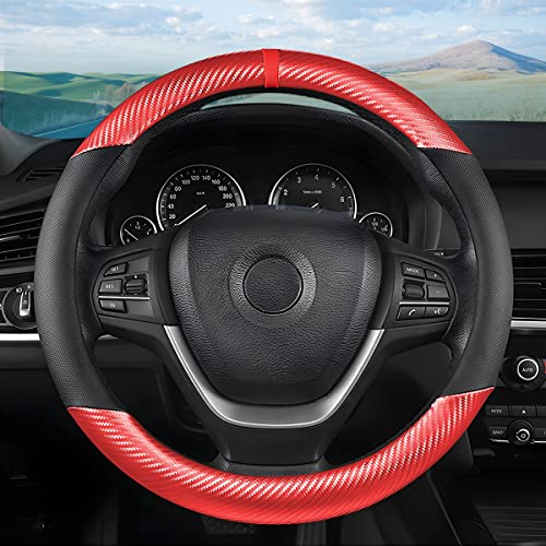 Image of Osilly Car Steering Wheel Cover, 15 inch Anti-Slip Steering Wheel Protector, Carbon Fiber & Microfiber PU Leather Steering Wheel Cover for Women and Men, Universal Fit for Most Vehicles (Red)