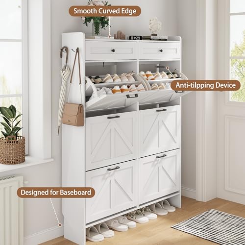 Image of Shoe Cabinet with 6 Flip Drawers & 2 Top Drawers, 57 inch Tall Freestanding Narrow Wooden Shoe Storage Organizer for Entryway, Hidden Slim Shoe Rack for Front Door Entrance, Hallway, Living Room, White