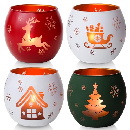 Glas Weihnachts Kerzenhalter 4er Set, Teelichthalter in Weiß, Rot,...