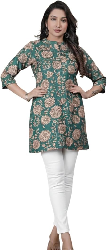 Women's Cotton Short Kurti with Round Neck Line 3/4th Sleeves Floral Pattern Short Length and Regular Fit Kurti for Office, College & Daily Use