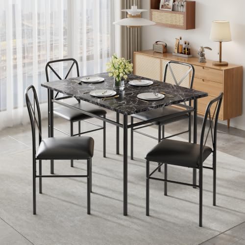 Image of VECELO 5-Piece Dining Table Set for 4 with Upholstered Chairs, Pure Black | Faux Marble Tabletop, Space-Saving, for Kitchen, Breakfast Nook