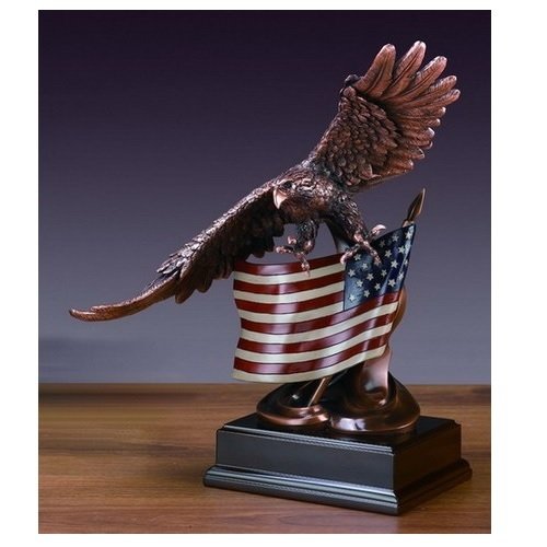 Soaring Glory Eagle with American Flag Bronze Finish Sculpture with Base, 14 x 11 x 16 inch