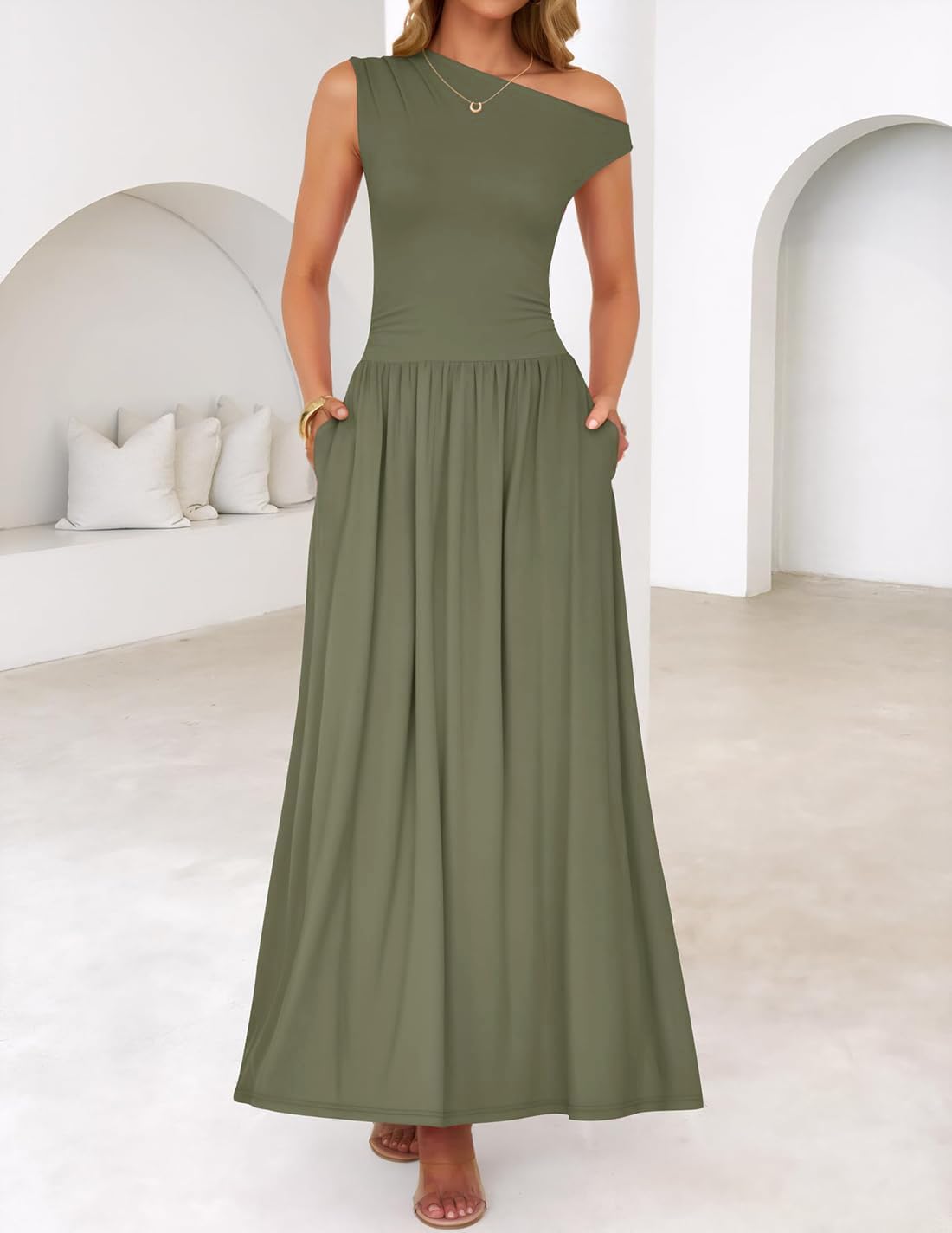 ZESICA Women's Summer 2026 Sleeveless Maxi Dress One Shoulder Casual Slim Swing Pleated Formal Dresses with Pockets - Image 2