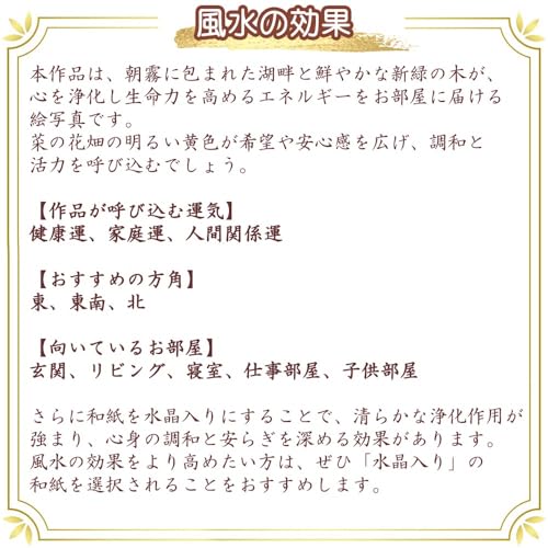 風水 絵 絵画 玄関 インテリア アートパネル 風景画 おしゃれ 壁掛け 和紙の絵写真 「朝霧の湖畔の菜の花畑と新緑の木」 水晶入り 立体額縁付き 38x27cm 花 木 緑 黄色 花の絵 Natural Memories [2]