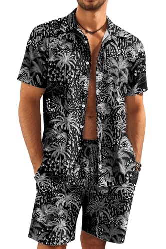 KYKU Hawaiian Outfits for Men Tropical Shirt and Shorts Palm Tree Black 2XL