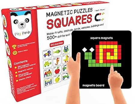 Play Panda New Magnetic Puzzles Squares with 250 Colorful Magnets, 100 Puzzle Book, Magnetic Board and Display Stand