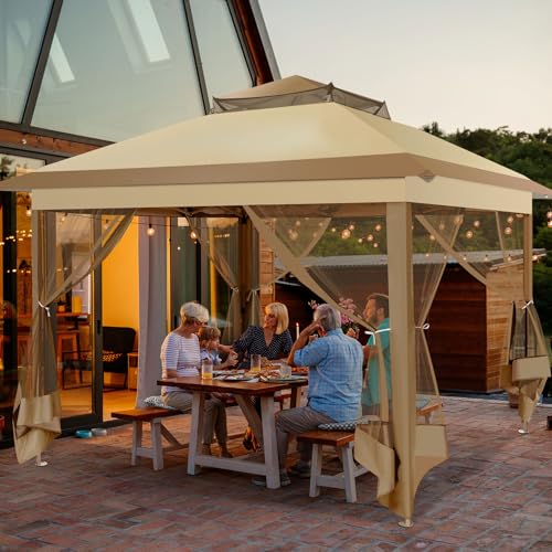 Image of COBIZI Pop Up Gazebo 11x11 One-Push Canopy Tent, Carpas Para Patio, Outdoor Canopy Shelter with Double Roof Ventiation 121 Square Feet of Shade for Lawn, Garden, Backyard and Deck, Khaki(Upgraded 2.0)