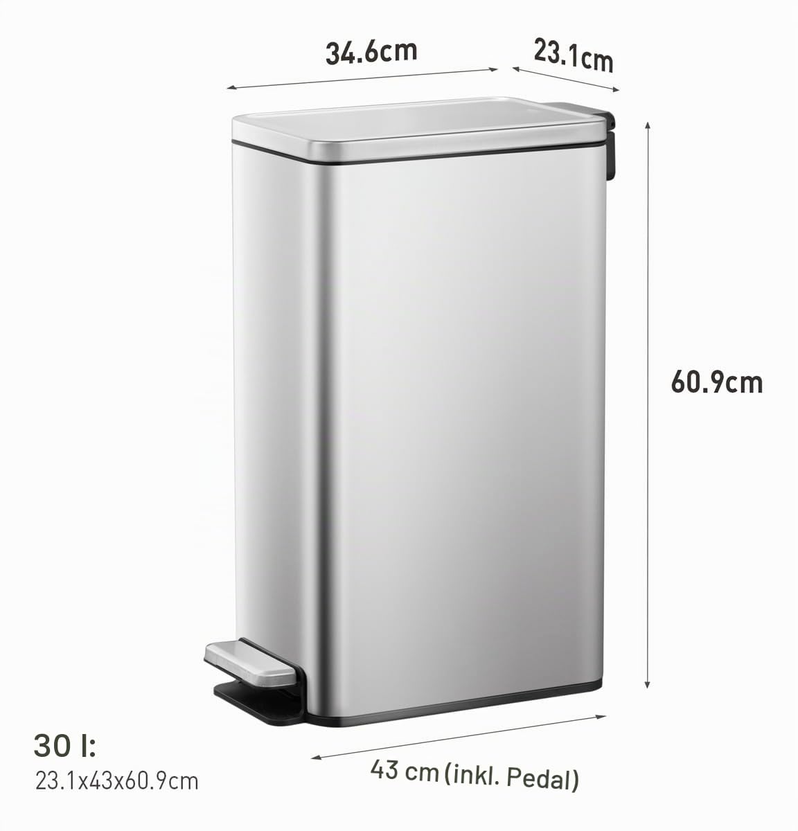 EKO Stella Slim Küchenmülleimer, 30 l, mit Pedal und Soft-Close-Deckel, Edelstahl, Anti-Fingerabdruck, moderner und robuster Mülleimer, große Kapazität für Recycling