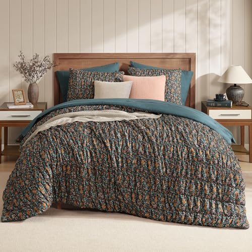 Full Size Comforter Sets-7 Pieces Puff Dark Green Floral Bedding Set for All Seasons, Shabby Chic Farmhouse Bed in a Bag Full with Floral Comforter, Sheets, Pillowcases & Shams