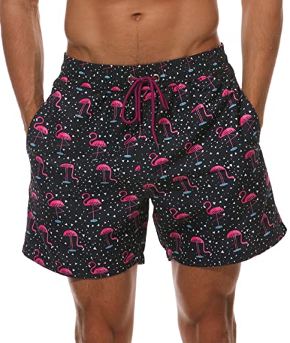 Badehose Herren Badeshorts Hawaii Schwimmhose Elastikbund Boardshorts Sommer Strandshorts mit Mesh Futter Innenhose und Verstellbarem Tunnelzug, Atmungsaktiv, Schnelltrocknend(Schwarz Flamingo,XL) Cover