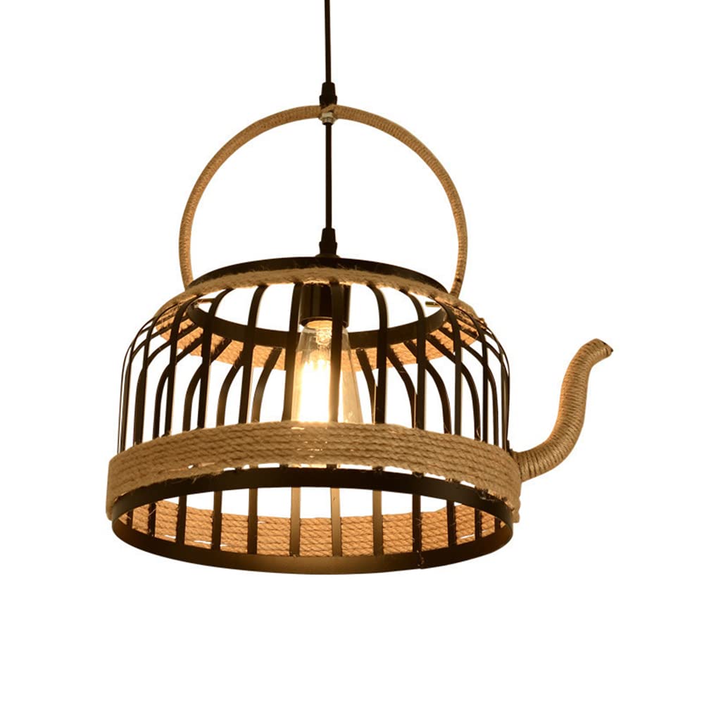 Lustre corde de chanvre et fer blanc forme théière suspension originale E27 - 8