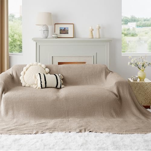 Image of Bedsure 100% Cotton Big Blanket Oversized King for Bed - Large Breathable Thick Cooling Waffle Weave Blanket for Summer, Couch Cover, Taupe, 120x94 inches