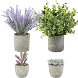 ALAGIRLS 4 Packs Fake Plants Small Artificial Plants for Shelf Lavender Flowers Eucalyptus Succulents Plants Potted Faux Plants for Home Indoor Office Bathroom Living Room Decor