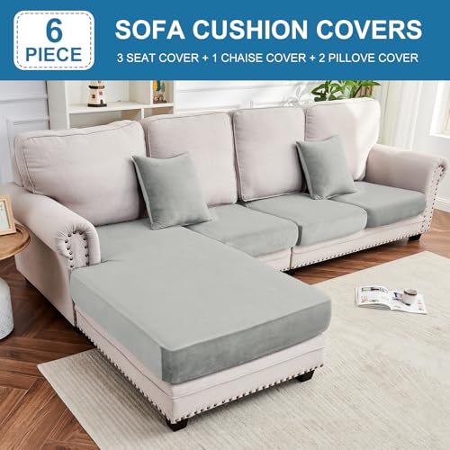 Image of Couch Cover 4-Piece Elastic Velvet Couch Cushion Covers & Chaise Slipcovers for L-Shaped Sofas, Sofa Seat Covers Washable, Soft Cover for Couches (3 Seater + Chaise, Light Grey)