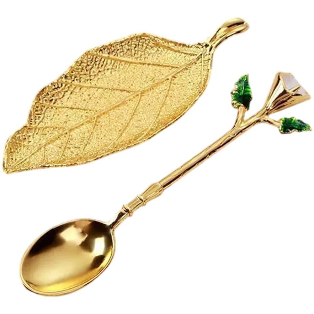 Hrippy Retro Leaf Alloy Coffee Spoon with Plate, Decorative Tableware for Kitchen Tea Party Espresso Dessert Serving Use