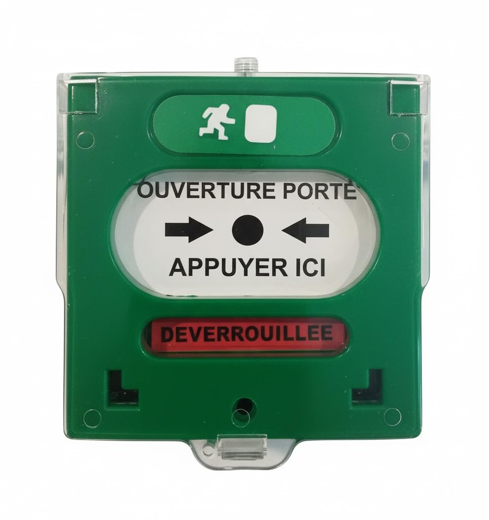 Déclencheur manuel vert 2 contacts avec capot pour déverrouillage d'issue de secours, (Nouveau Modèle)