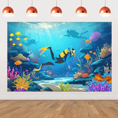 SHADOAMP Scuba Diving Decorations Scuba Diving Photo Backdrop Banner 5 x 3 ft Under The Sea Backdrop Hanging Background Decoration for Underwater World Ocean Birthday Baby Shower Party