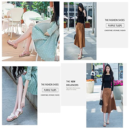 Ladies Flower Accessory Round Toe Thong Flat Beach Sandals,Summer Bohemian Elastic Ankle Strap Comfortable Flower Sandals.2