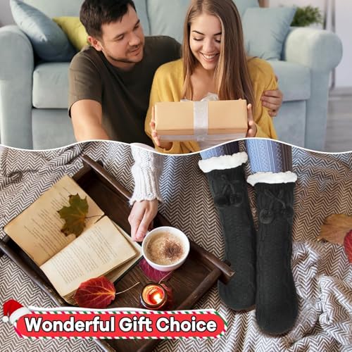 Image of Lonfliness 2 pairs Women Slipper Fuzzy Grips Socks Fluffy Cozy Cabin Warm Winter Soft Thick Comfy Fleece Non Slip Home Socks for Women and Girls Christmas Gifts (Black)