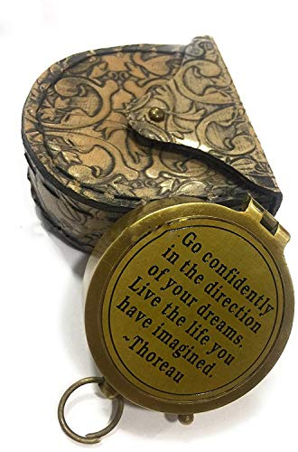 Brújula de latón con poema grabado "Go Confidently" con estuche de cuero, estilo antiguo miniatura 1