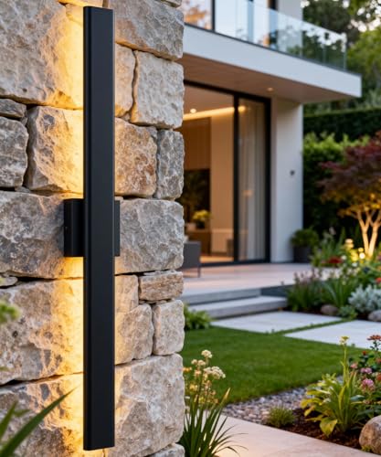Image of Aipsun 2 Packs Outdoor Wall Sconce, 3000K 4000K 6000K, 31.5in Modern Black Exterior Light, Long LED Linear Wall Light Outside Lighting for Entrance, Hallway, Garage, Porch(3CCT)